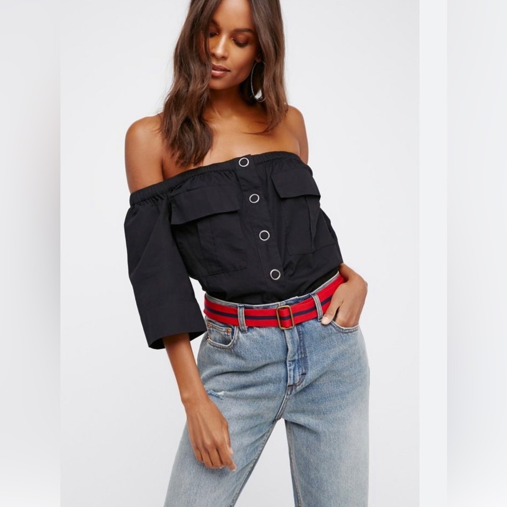 Free People Head Over Heels Off The Shoulder Top Blouse Cropped Black